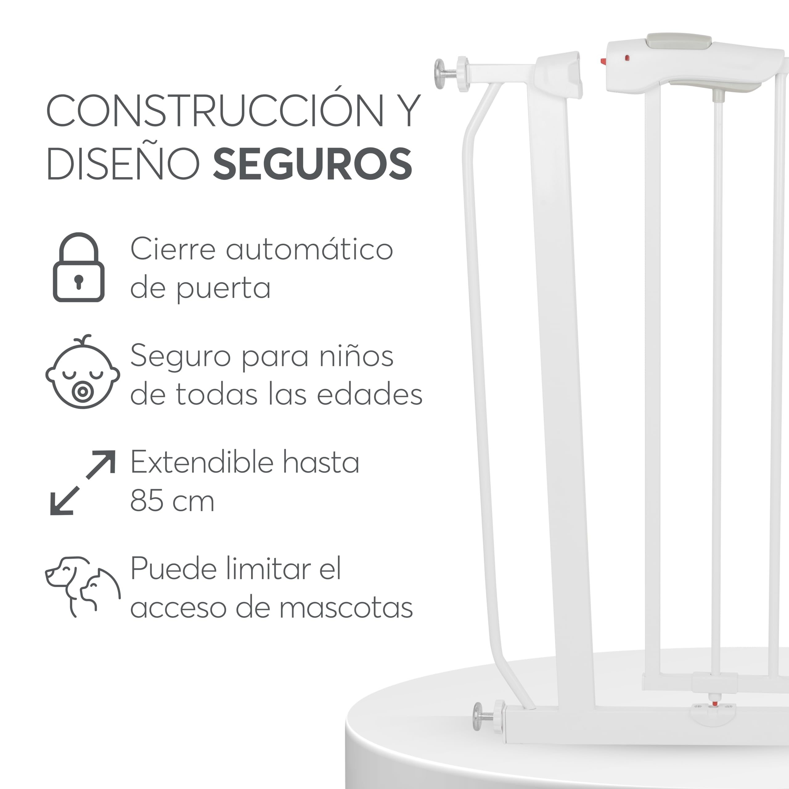 KikkaBoo Barrera de Seguridad de Niños para Puertas y Escaleras All Safe, Valla Seguridad Infantil, Cierre Automático, Extensible 125 cm, Barandilla Escalera, Fácil de Instalar, Blanco