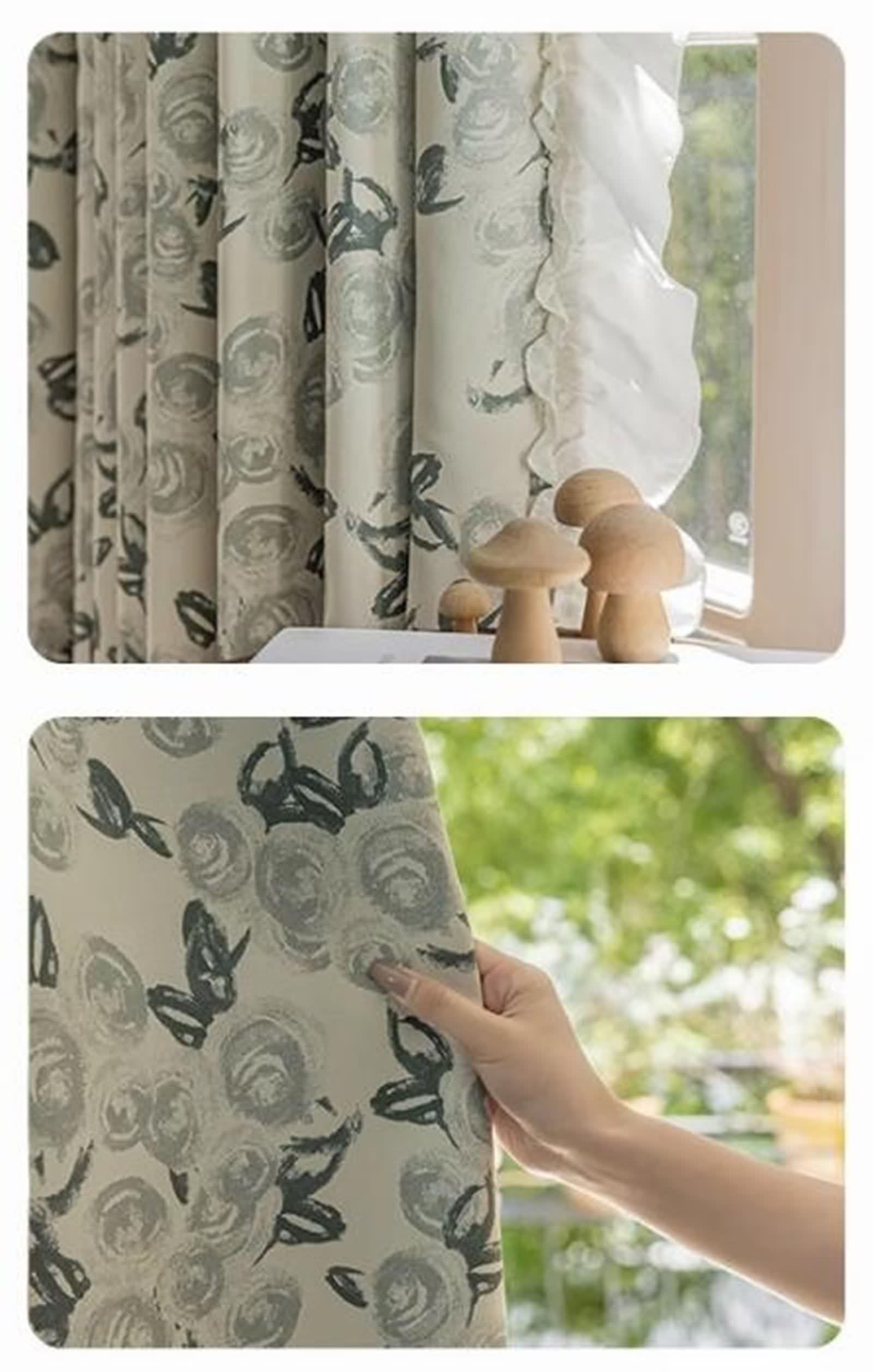 Verdunklungsvorhänge Wohnzimmer, Gardinen Deko 2 Stück Grün Chenille Blumenmuster mit Rüschen BxH 137x183cm