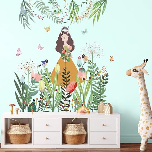 Miniatura 9 de Calcomanías de pared creativas y encantadoras para niña flores coloridas ramas de árbol verde calcomanías de pared de vid con hojas frescas plantas