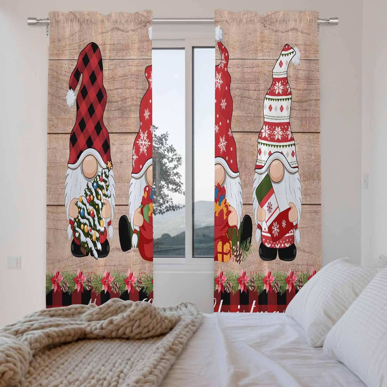 Red Christmas Window Curtains 72 Inch Long 2 Panel Set, Rod Pocket Long Curtains & Drapes, Plaid Gnomes Xmas Snowflake Wooden Light Filtering Window Treatment for Bedroom Living Room 52"W x 72"L