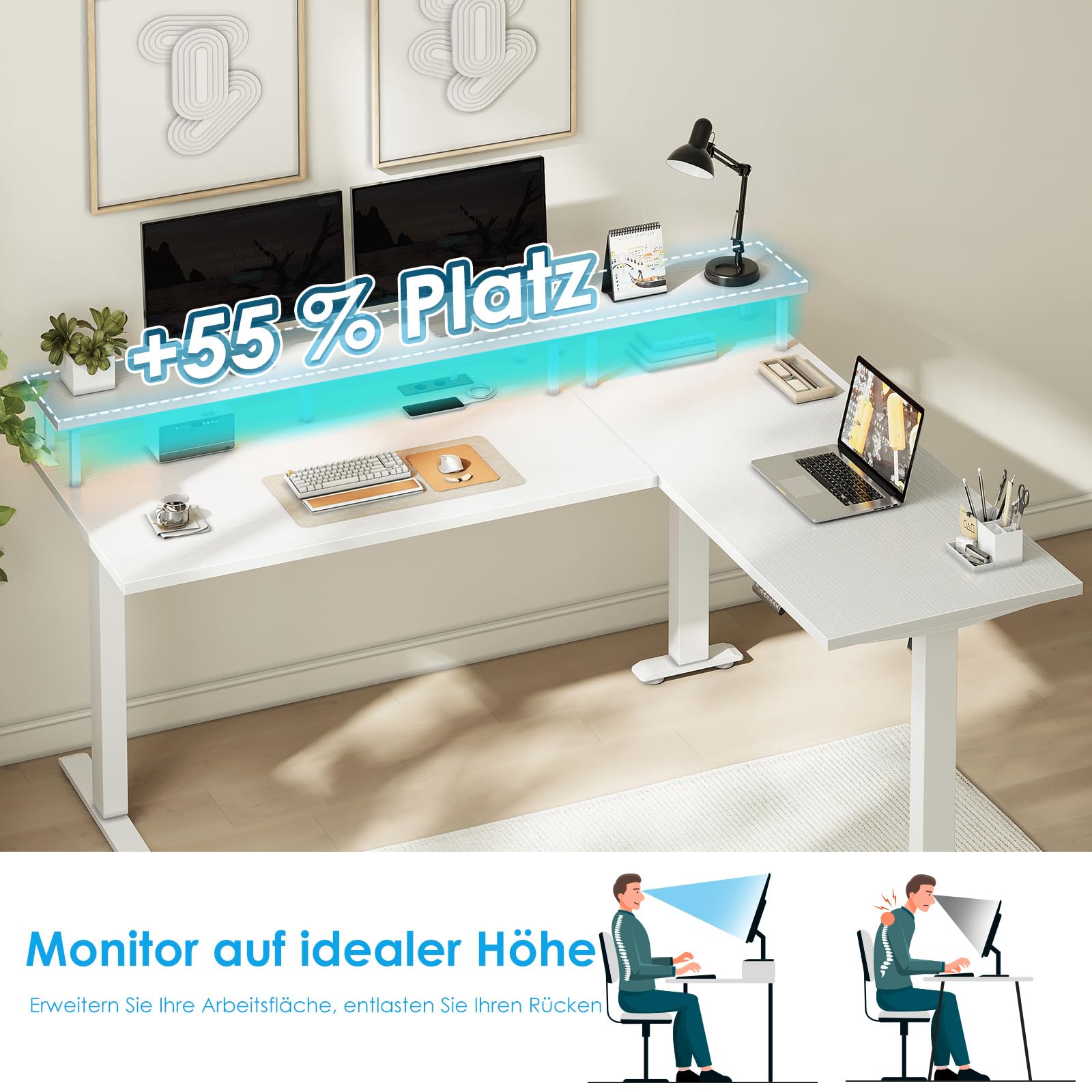 OffiGo Schreibtisch Höhenverstellbar, 150x120cm Eckschreibtisch Höhenverstellbar mit Monitorhalterung, Elektrisch Schreibtisch L Form mit Steckdosen, Computertisch mit LED Lichtleiste für Büro, Weiß