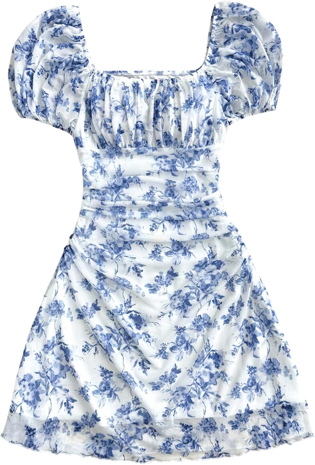SHENHE Girl's Summer Floral Puff Sleeve Dress Square Neck Ruched A Line Flared Short Sundress
