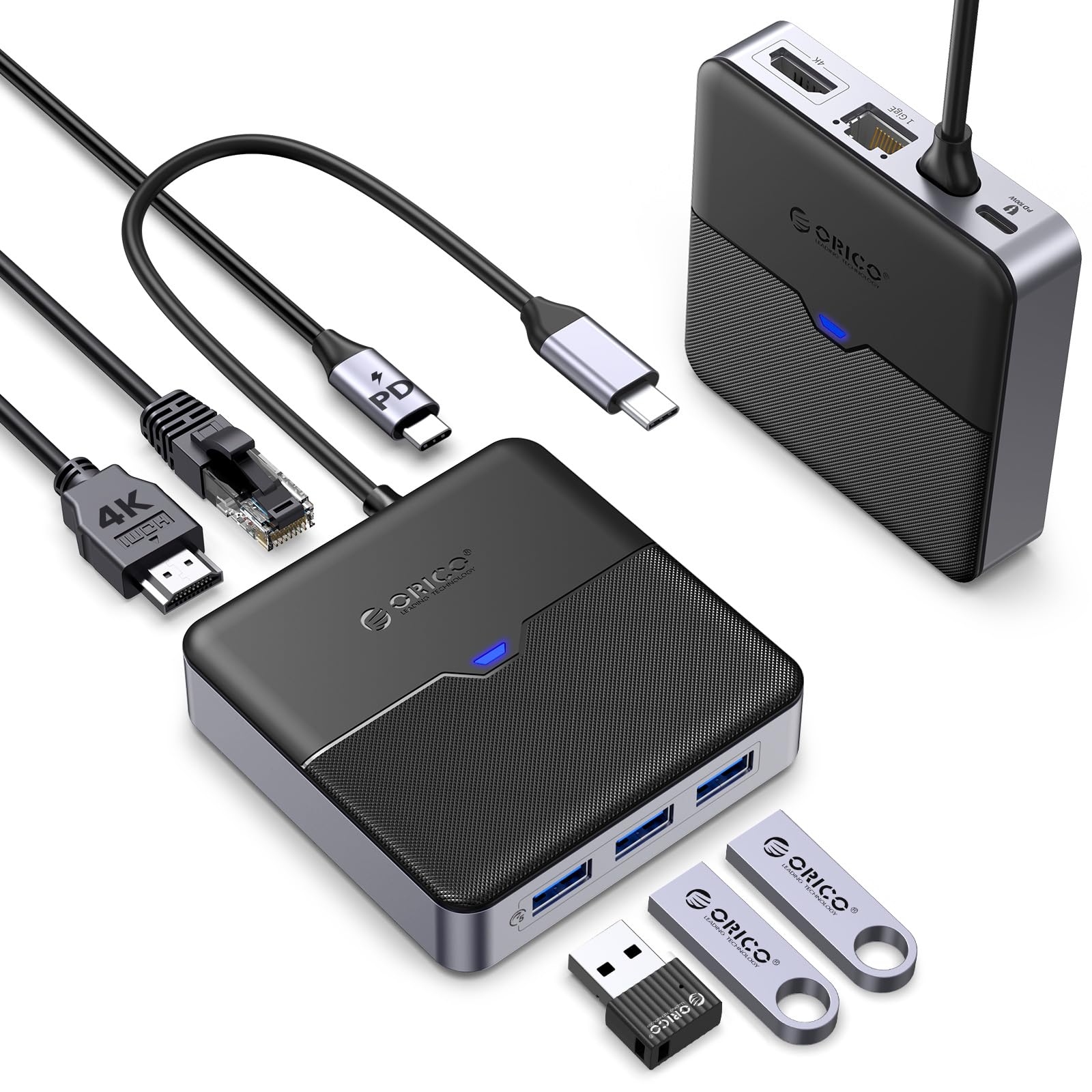 ORICO Hub USB C 6 in 1 Docking Station con Ethernet 1000M, 4K HDMI, PD 100W, 3 Porta USB-A 3.0 5 Gbps, Adattatore Splitter Tipo C per MacBook Air Pro M2 M1 iPad Surface Dell Hp (15cm)