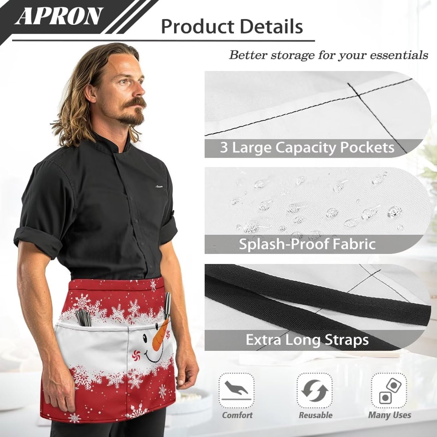 doginthehole Waist Apron with Pockets for Women Server Aprons with 3 Pockets Long String Half Aprons for Men Work