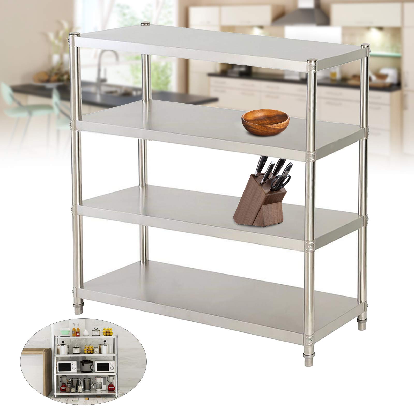 Tavolo da lavoro in acciaio inox, 120 x 40 x 150 cm, 4 ripiani, in acciaio inox, per dispense, ristoranti, cucine, grandi cucine