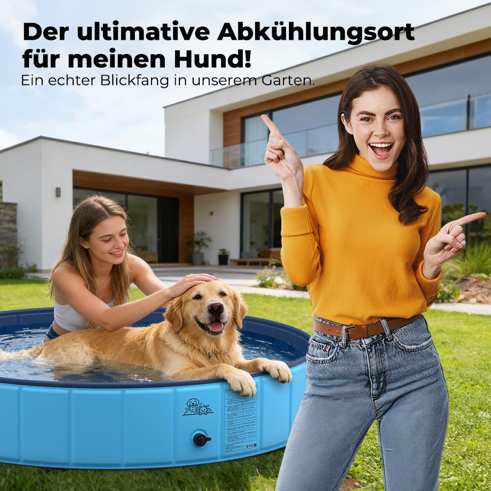 KYG Hundepool große Hunde 160x30cm – faltbar, stabil, rutschfest, einfache Entleerung, mit Ablassventil & 4 Flicken – Hunde Planschbecken für alle Hundegrößen, für den Außenbereich