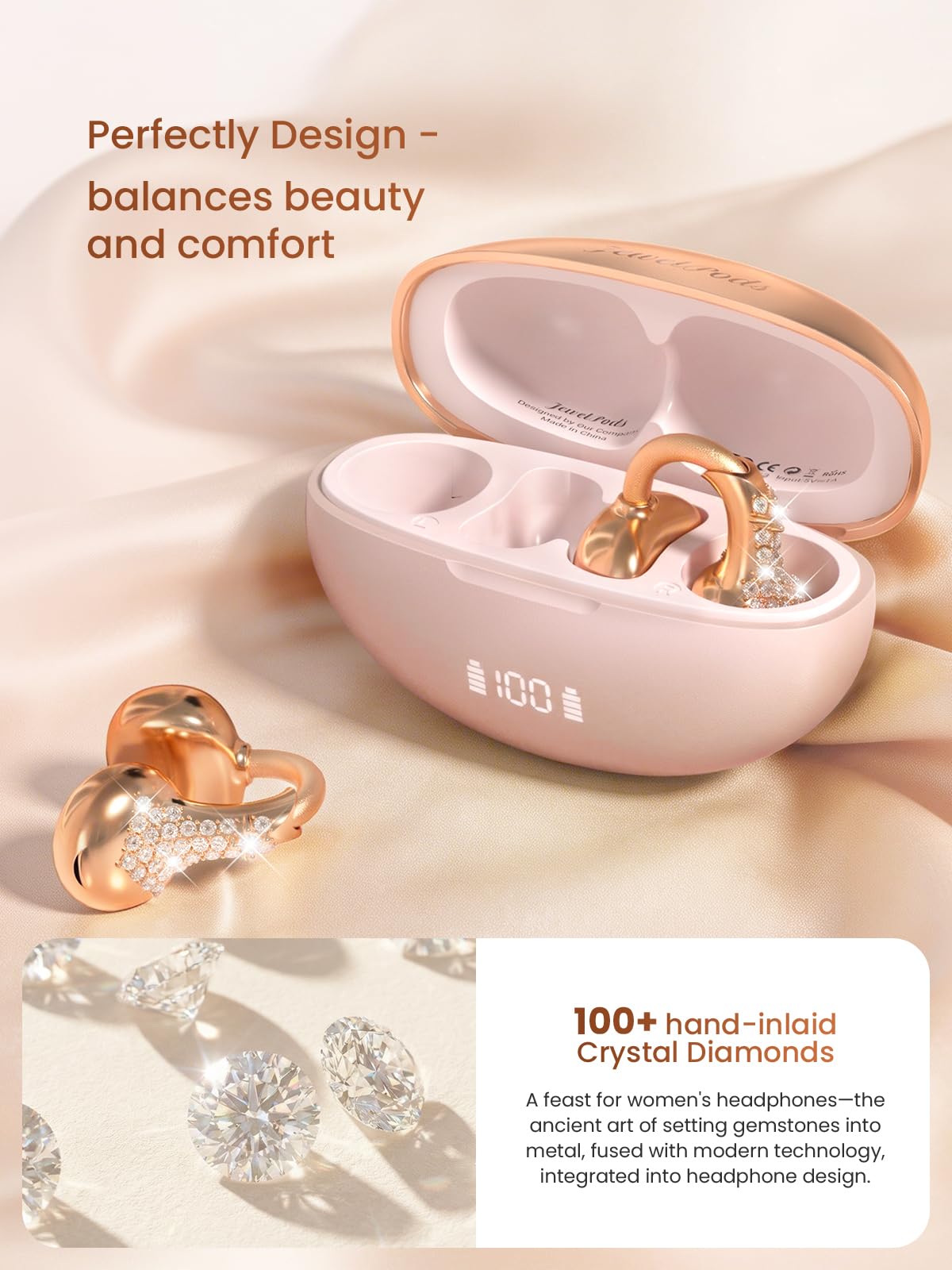 JewelPods C3 - Auricolari wireless Bluetooth aperti per un comfort che dura tutto il giorno, filo di memoria ultra leggero, 60 ore di riproduzione, resistente al sudore e all'acqua, suono