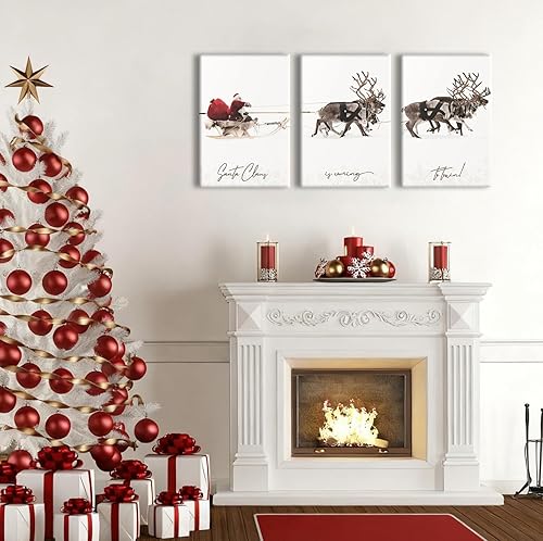 Miniatura 3 de Pennimor Lienzo decorativo para pared de Navidad, juego de 3 impresiones enmarcadas de 20 x 28 pulgadas, Papá Noel y renos, póster rústico de