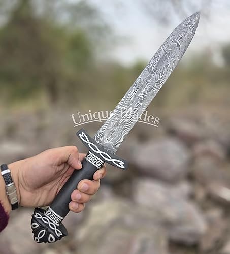 Miniatura 3 de Espada de daga vikinga, acero de Damasco de 16 pulgadas, espada corta de doble filo de espiga completa con mango de madera y vaina