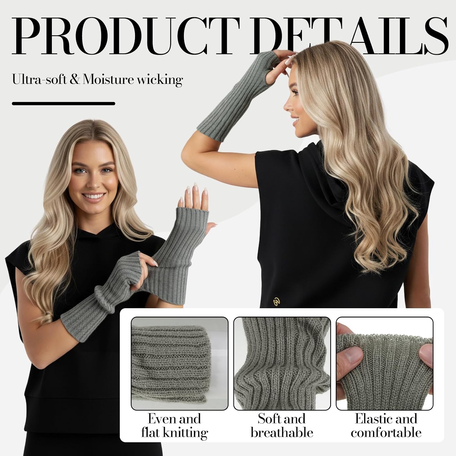 Arm Warmers, 3 Pairs Fingerless Knitted Arm Gloves, Women's Cute Fingerless Mittens Thumb Hole Stretchy Gloves