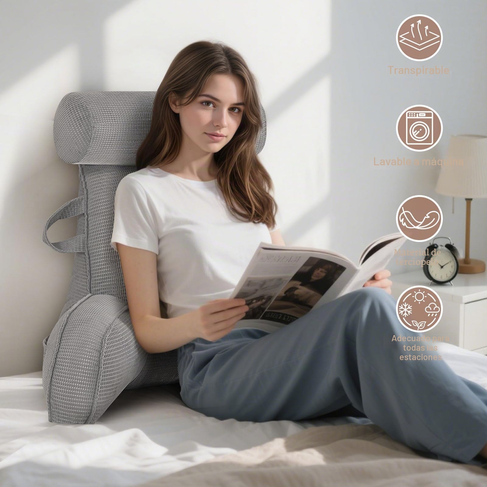 MINGPINHUIUS Cojín lumbar, cojín de lectura para cama y sofá con cojín cervical extraíble, cojín lumbar grande con apoyabrazos, ideal como soporte lumbar para leer, ver televisión, descansar, trabajar