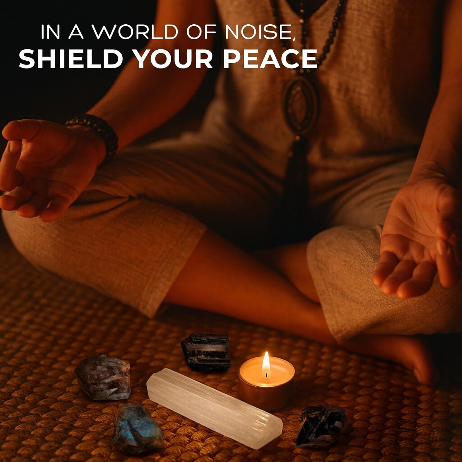Anima Premium Protection Healing Crystals Set for Energy Shielding - Large Raw Obsidian, Black Tourmaline, Labradorite, Smoky Quartz & Selenite Bar - Wooden Gift Box and Guide Booklet Included