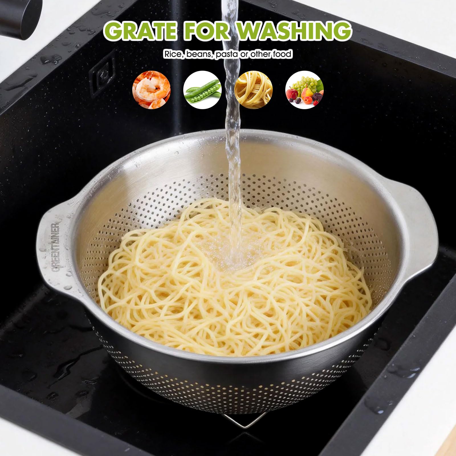 Greentainer Cuencos coladores de acero inoxidable, paquete de 3 unidades, base resistente avanzada, mango ancho, apto para lavavajillas, para drenaje y enjuague, verduras, frutas, arroz, colador