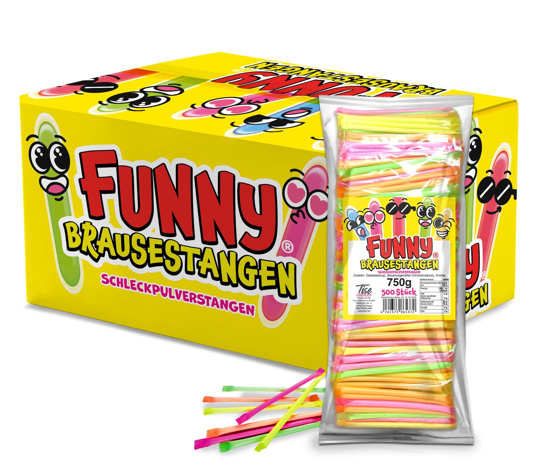 Tise Süßwaren Funny Brausestangen - 750g Schleckpulver für Kinder im Zoo- und Poolbereich - 500 Stück Funktionen: Geschm