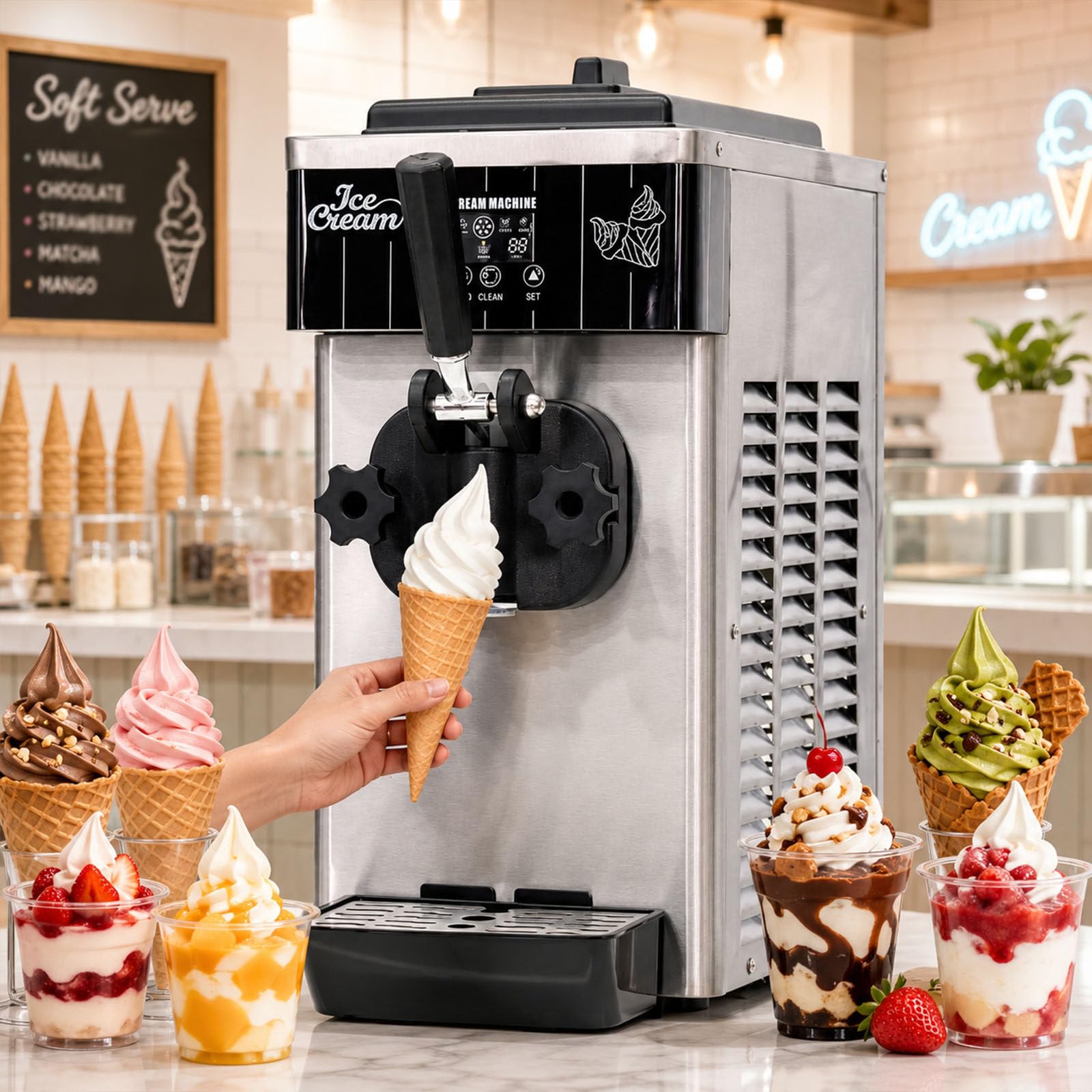 ErShangMao Commercial Soft Serve Ice Cream Maker Machine,Soft Serve Ice Cream Machine With Built-In Extruder,Countertop Single Flavor Maker,Quick 10-Min Batch,450w Motor,For Spiral & Cones,2.5l