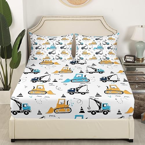 Miniatura 2 de Juego de sábanas bajeras para niños con diseño de caricaturas para niños, equipamiento para camiones, sábana de cama, excavadora, tractor, blanco,