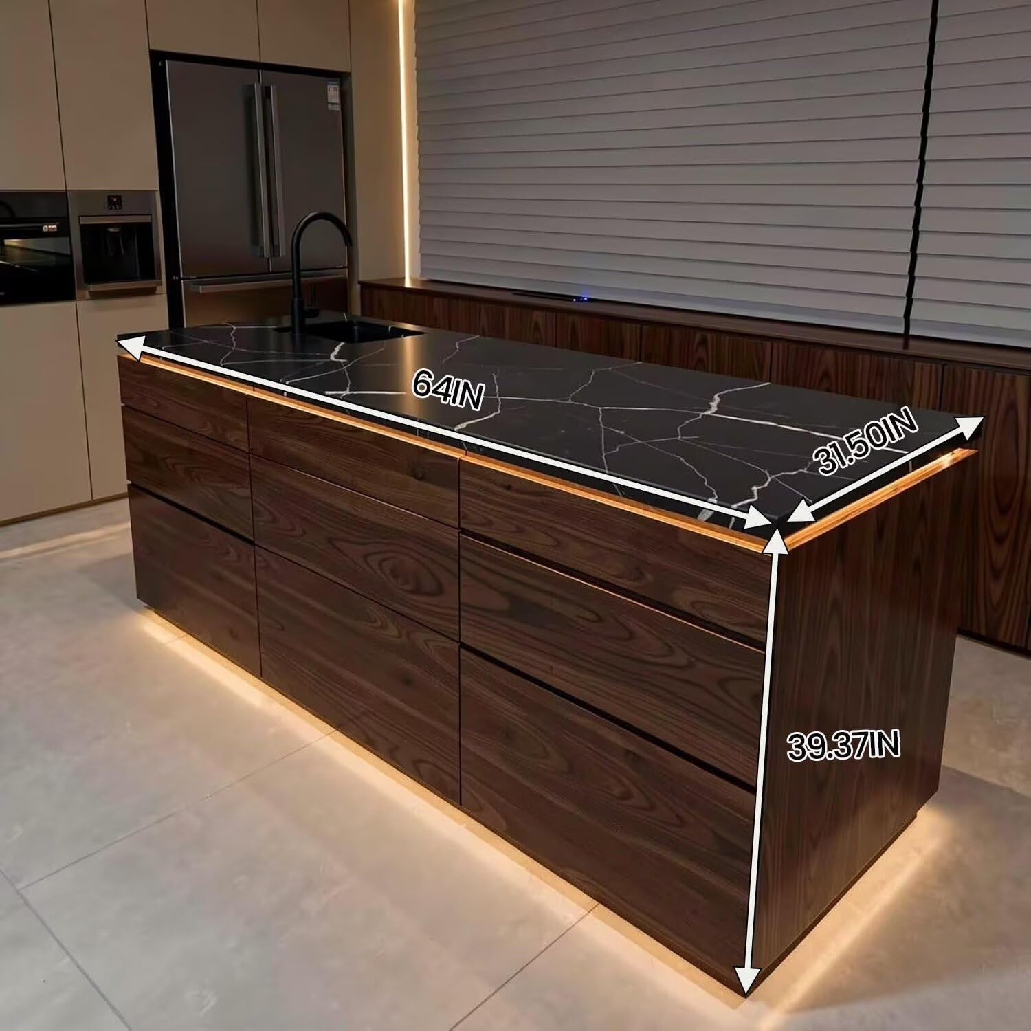 Kitchen Island with Storage - Kitchen Island Table with Integrated Sink and LED Lighting, Luxurious Dinner Table Includes Under Cabinet Power Outlets, Wide Solid Wood Base (64IN No Chairs)