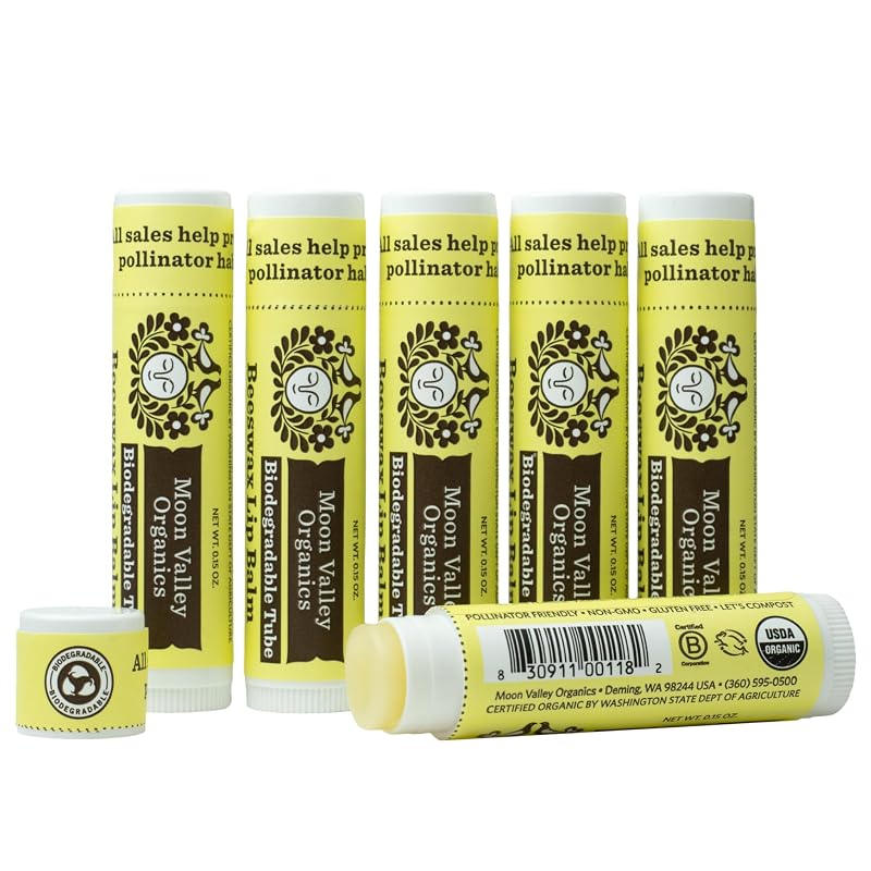 Bálsamo labial de cera de abelha Moon Valley Organics, baunilha aveludada, pacote com 6