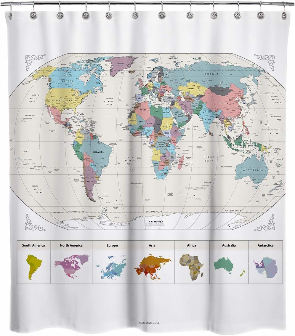 Sunlit Map of The World with Detailed Major Cities. PVC Free, Non-Toxic and Odorless Water Repellent Fabric Shower Curtains - Large Home Decor Wall Map