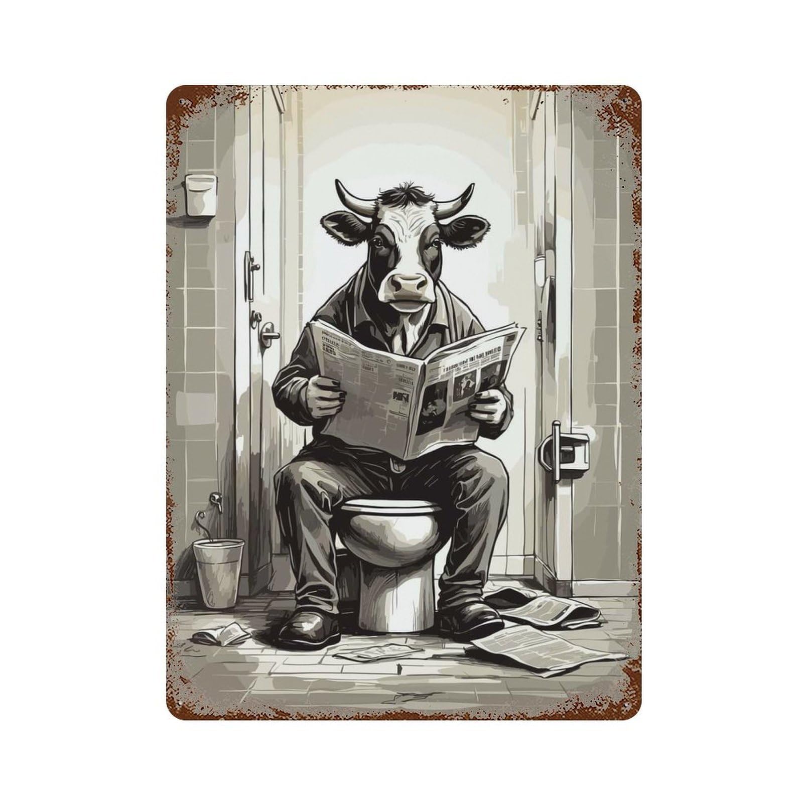 Cow on The Toilet Retro Metal Sign 15.7"x11.8", Rustic Home Decor for Garage, Pub Or Kitchen