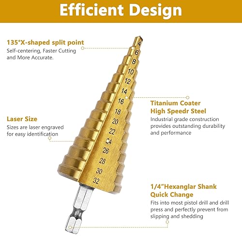 Miniatura 3 de Broca escalonada de 15 tamaños, 0.157 in - 1.260 in (316 a 1-14 pulgadas) con revestimiento de titanio, brocas multipaso para perforación de