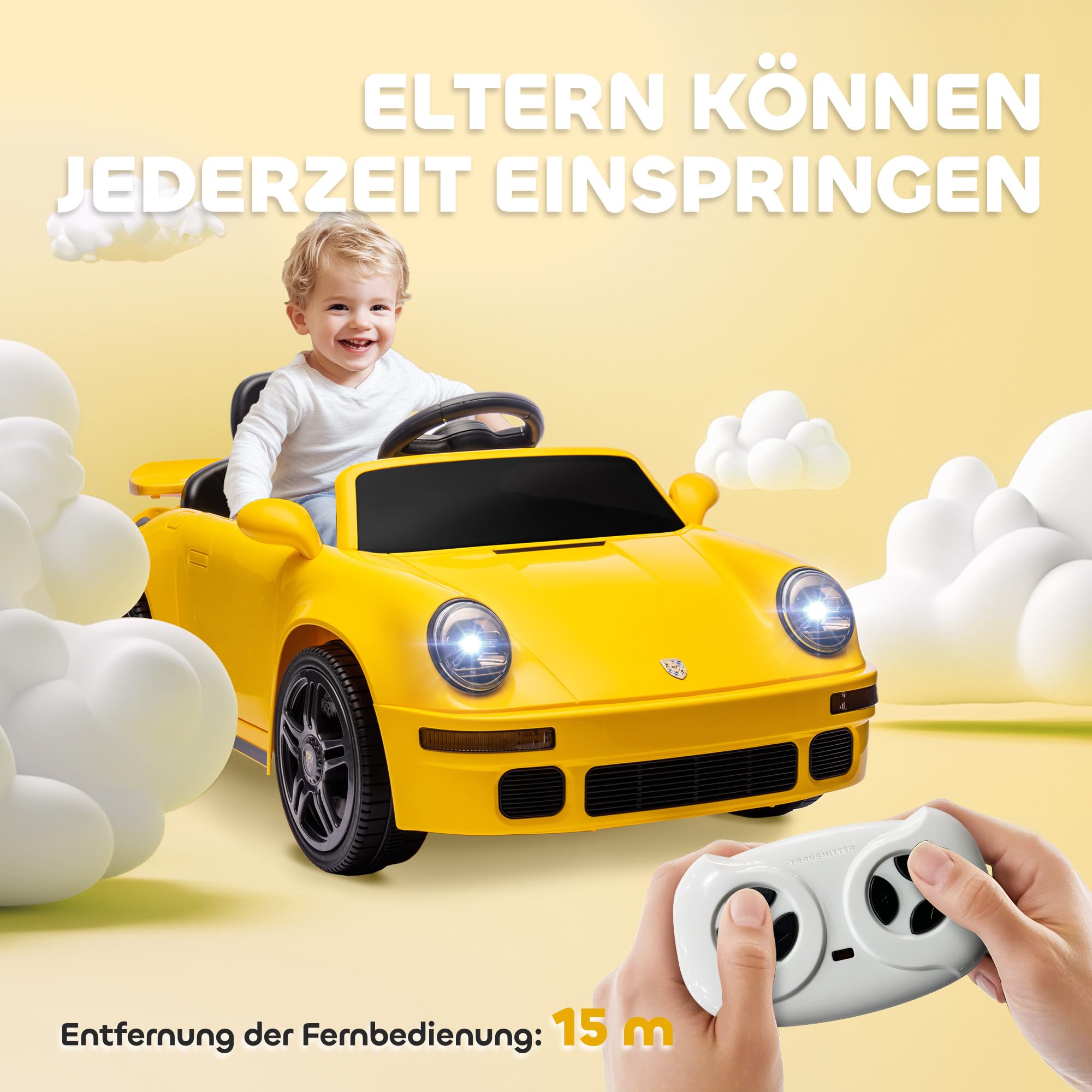 AIYAPLAY Dziecięce auto elektryczne 12V RUF CTR 2017-Yellowbird Żółty | 2,4 GHz pilot, 2 silniki, miękki start, pojazd dziecięcy, wskaźnik energii, MP3, LED, klakson, dla 3-6 lat