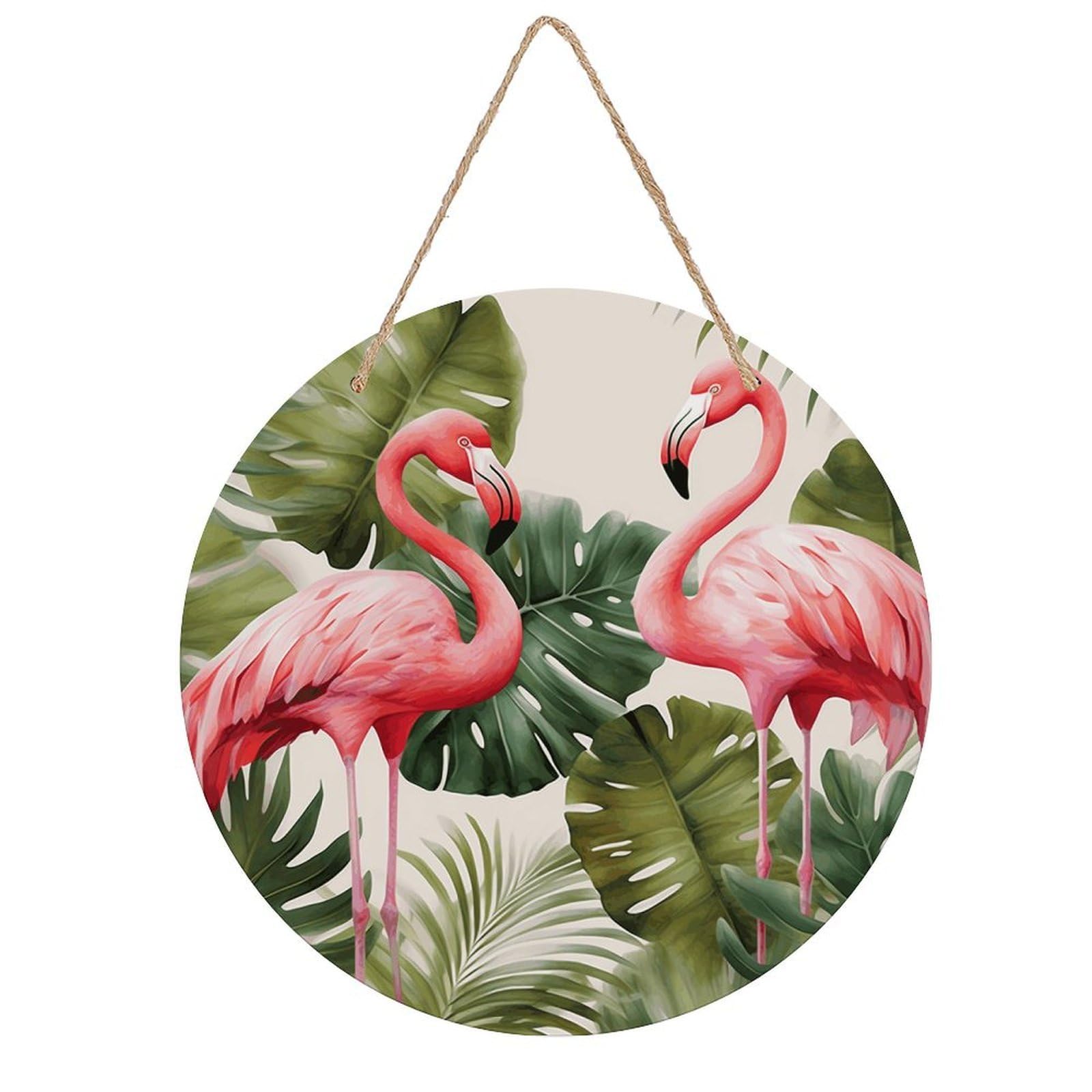 VstaDank Flamingo Palm Trees Leaf Wall Art Decor with Ropes Wooden Hanging Sign Hanging Wall Decor Artwork Round Wood Painting Modern Wall Prints Decor Picture for Office Bar Home Decors