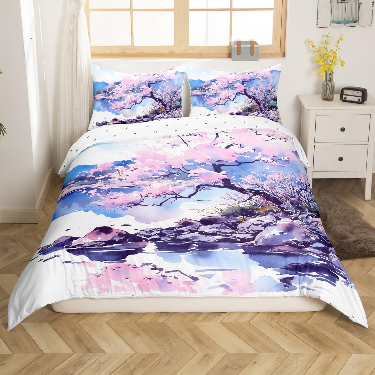 Homemissing Cherry Blossoms Duvet Cover Set Super King Size For Kids Adults Girls Women Japanese-Style Bedding Set Japanese Ukiyoe Comforter Cover with 2 Pillowcases Pink Flowers Landscape Bed Sets — image 1