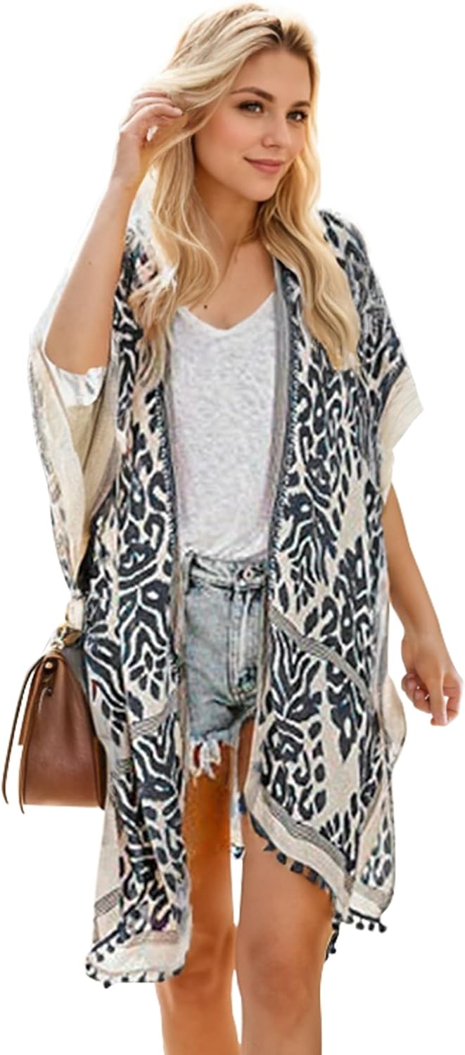 Kimono Robes Cardigan for Women, Plus Size Sleeveless Beach Bikini Cover Up with Pom-pom, Fashion Loose Swimwear Body Wrap for 2021 Spring Summer 4 71vsHASJbcL. AC SL1500
