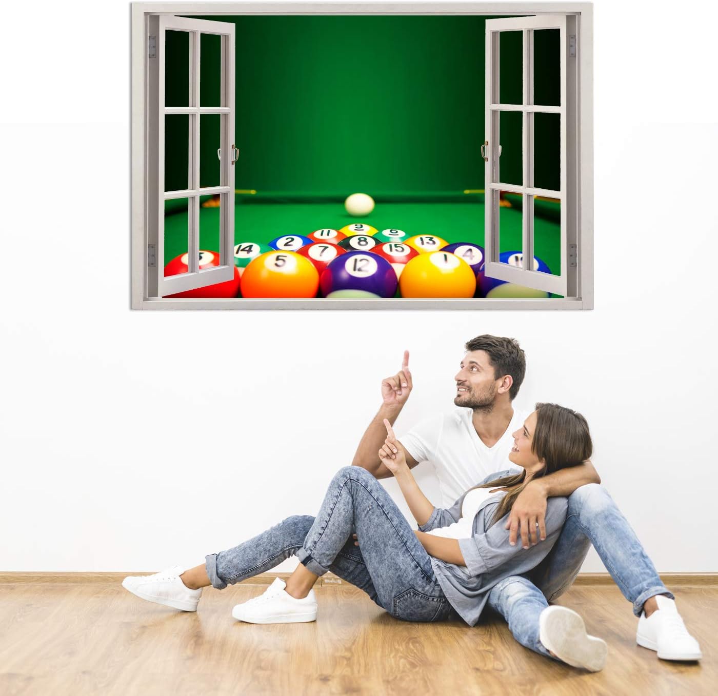 Realistic Window Wall Decal – Peel and Stick Snooker Decor for Living Room, Bedroom, Office, Playroom – Wall Murals Removable Window Frame Style Billiard Room Wall Art – Vinyl Poster Wall Stickers