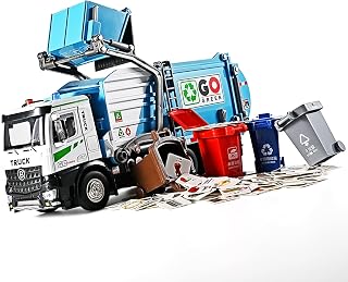 Front Loader Arm Toy Garbage Truck with Auto Lift Function,Diecast Garbage Truck Metal Cab,Friction Powered Garbage Truck Toy with Lights and Sounds,Garbage Trucks for Boys Age 4-7（Blue）