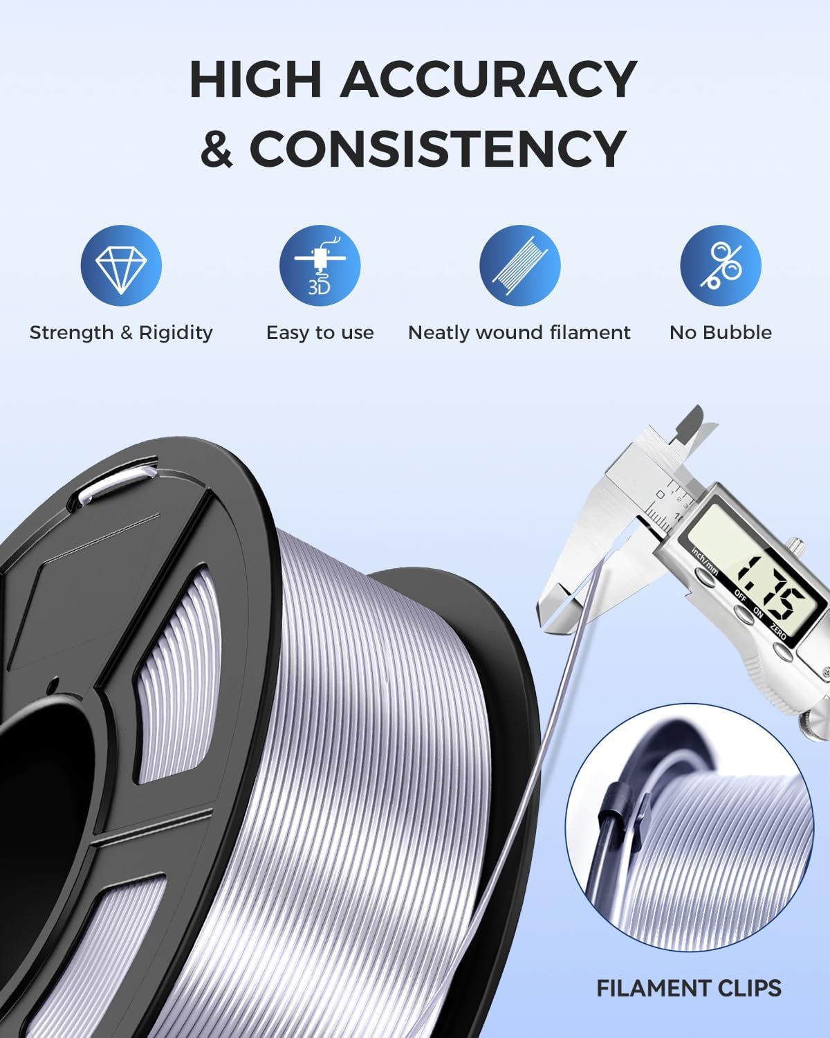 JAYO Silk PLA Filament 1.75mm Silver 1.1KG, Metal-Like Shiny 3D Printer Filament Dimensional Accuracy +/- 0.02mm, 1.1kg Spool(2.4lbs), Fits for Most FDM 3D Printers - Image 4