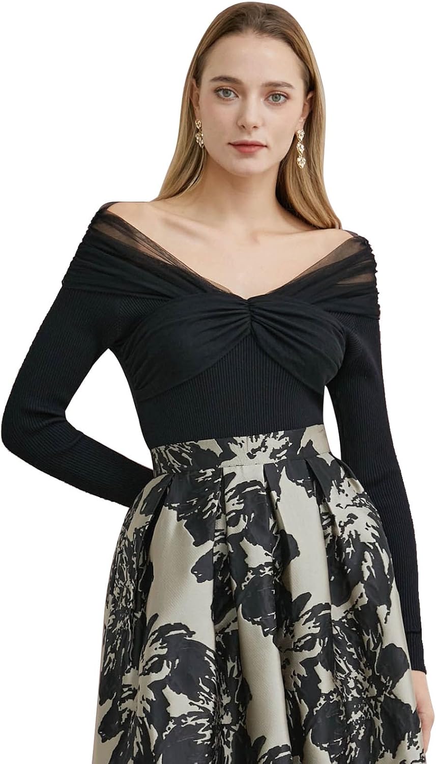 CHICWISH Women Black Off Shoulder Knit Top Sexy Long Sleeve Mesh Spliced Night Out Tunics Tops