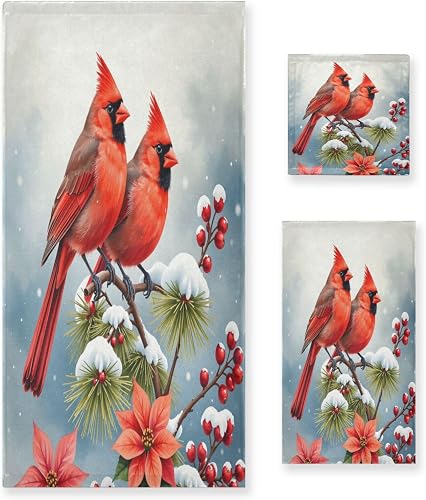 Dussdil Christmas Flowers Winter Cardinals Bathroom Towel Set of 3 Pcs Poinsetti