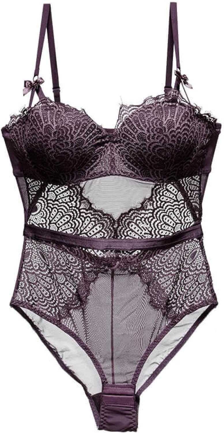 Lingerie Set Bodysuit Lace Push Bra Bow Decoration Peacock Feather Hollow Out Back