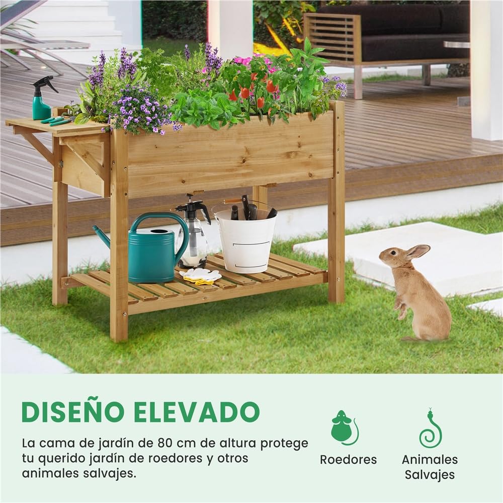 Yaheetech Huerto Urbano con Estante 123,5x54x80cm Macetero Jardinera Elevada de Madera Abeto con Rejillas de Cultivo Extraíbles y Forro Interior de Tela para Jardín/Terraza/Balcón Marrón Claro