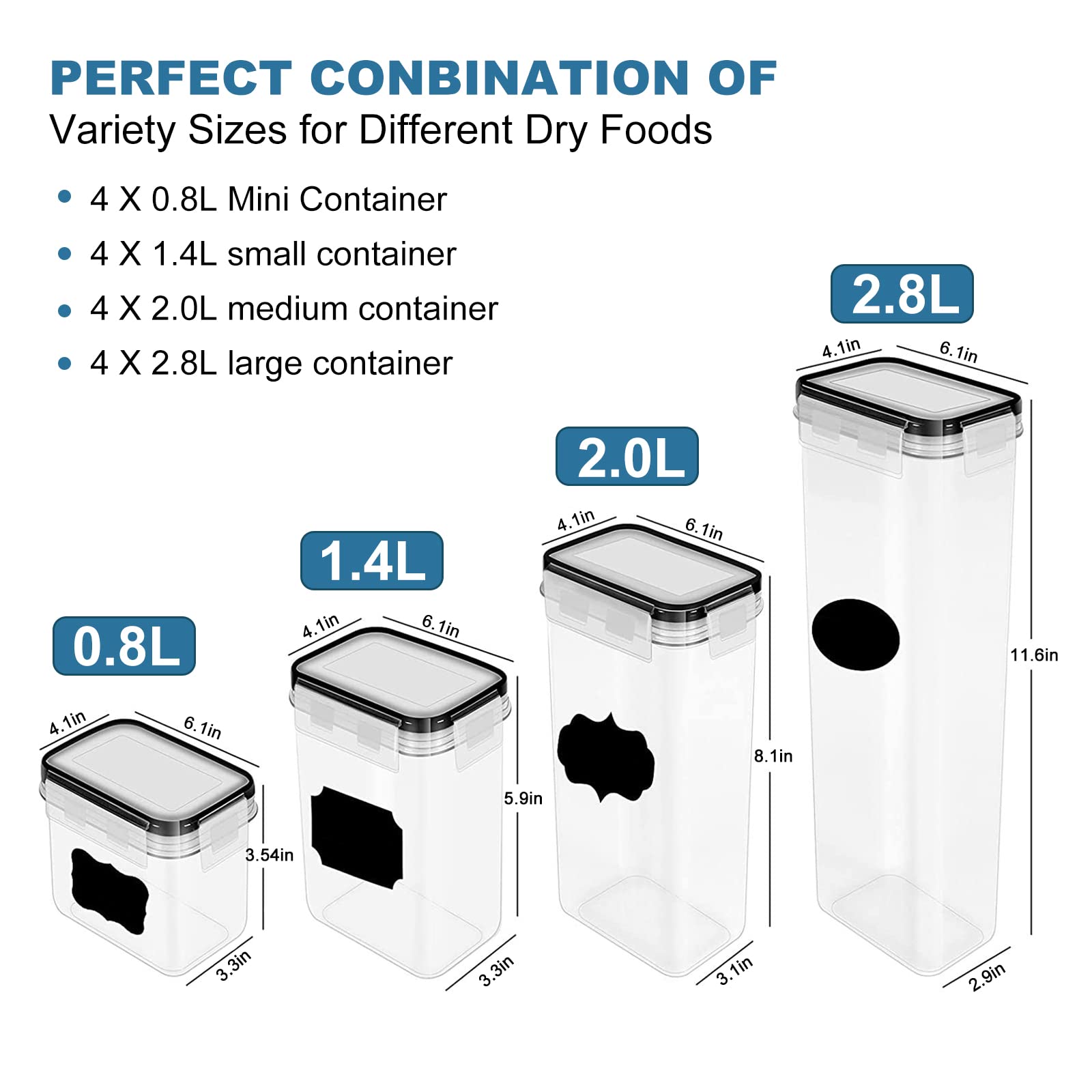 Boite de Rangement Cuisine Lot de 4x2,5L, Pots hermétiques avec couvercles, Conservation farine