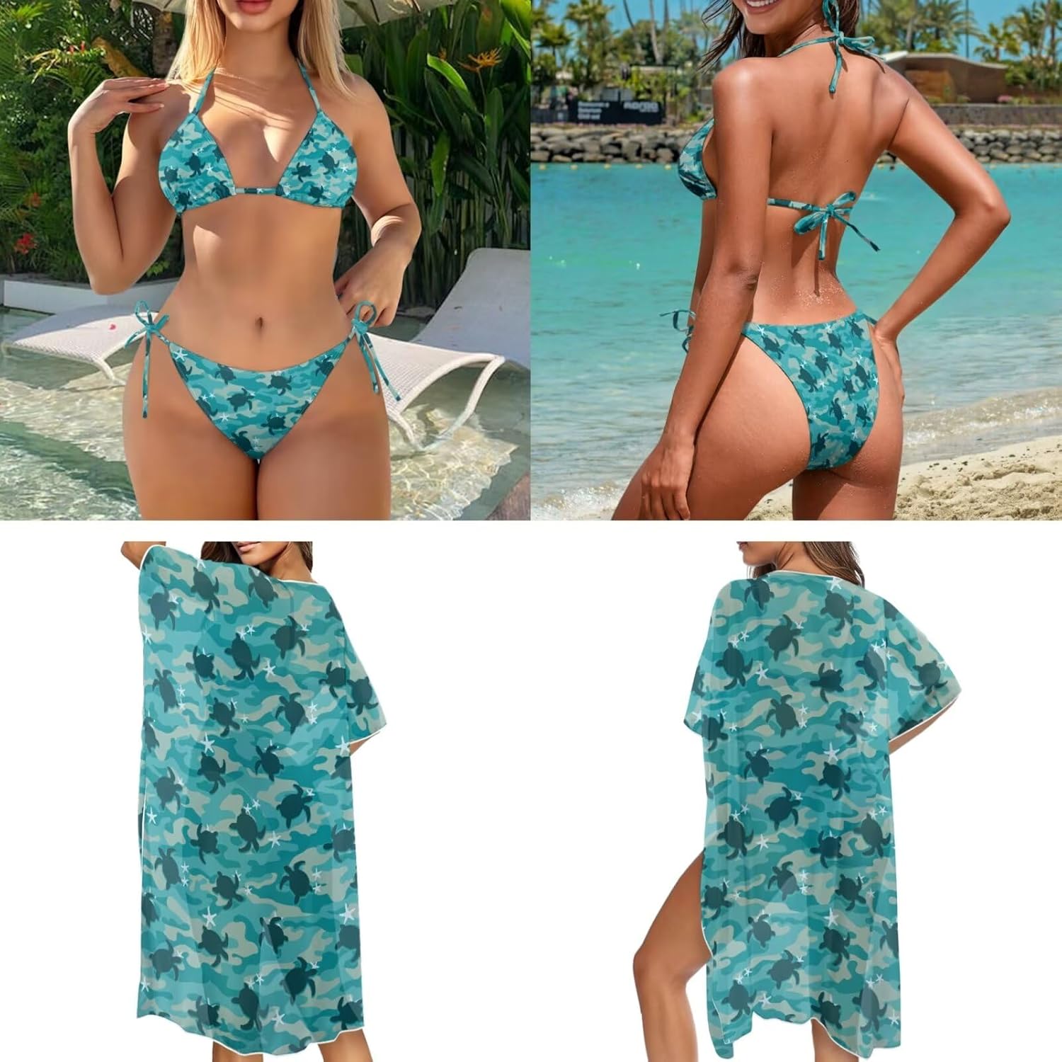Xpyiqun Women Bikini Sets Swimsuits with Cover Up 3 Piece Halter Triangle Tie Side Bathing Suit Matching Kimono Cardigan