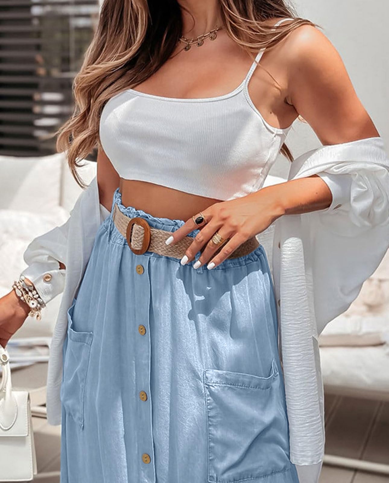 loveimgs Jupe longue d'été en Tencel fluide pour femme - Taille élastique - Coupe trapèze - Avec boutons - Volants - Style bohème léger