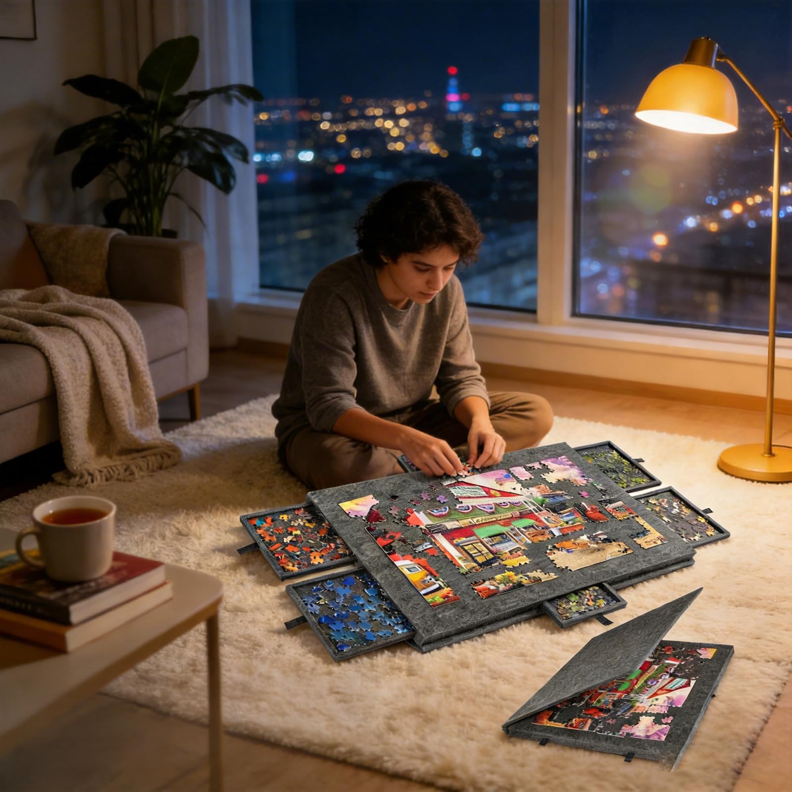 Przenośny składany stół do puzzli z przechylaną deską i szufladami do przechowywania - 1000-1500 elementów mata do układania puzzli dla dorosłych, powierzchnia filcow Black 77×53.6×4.2cm[1000-pieces]