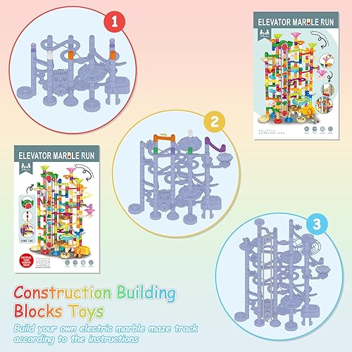 Miniatura 7 de Marble Run con elevador motorizado, 310 piezas de bloques de construcción de juegos de laberinto, juguetes con canicas de plástico brillantes de
