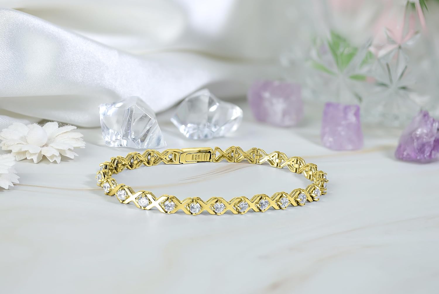 Hoops & Loops 925 Sterling Silver Cubic Zirconia XO Design Tennis Bracelet for Women, 7.25'' Silver, Yellow Gold, Rose Gold