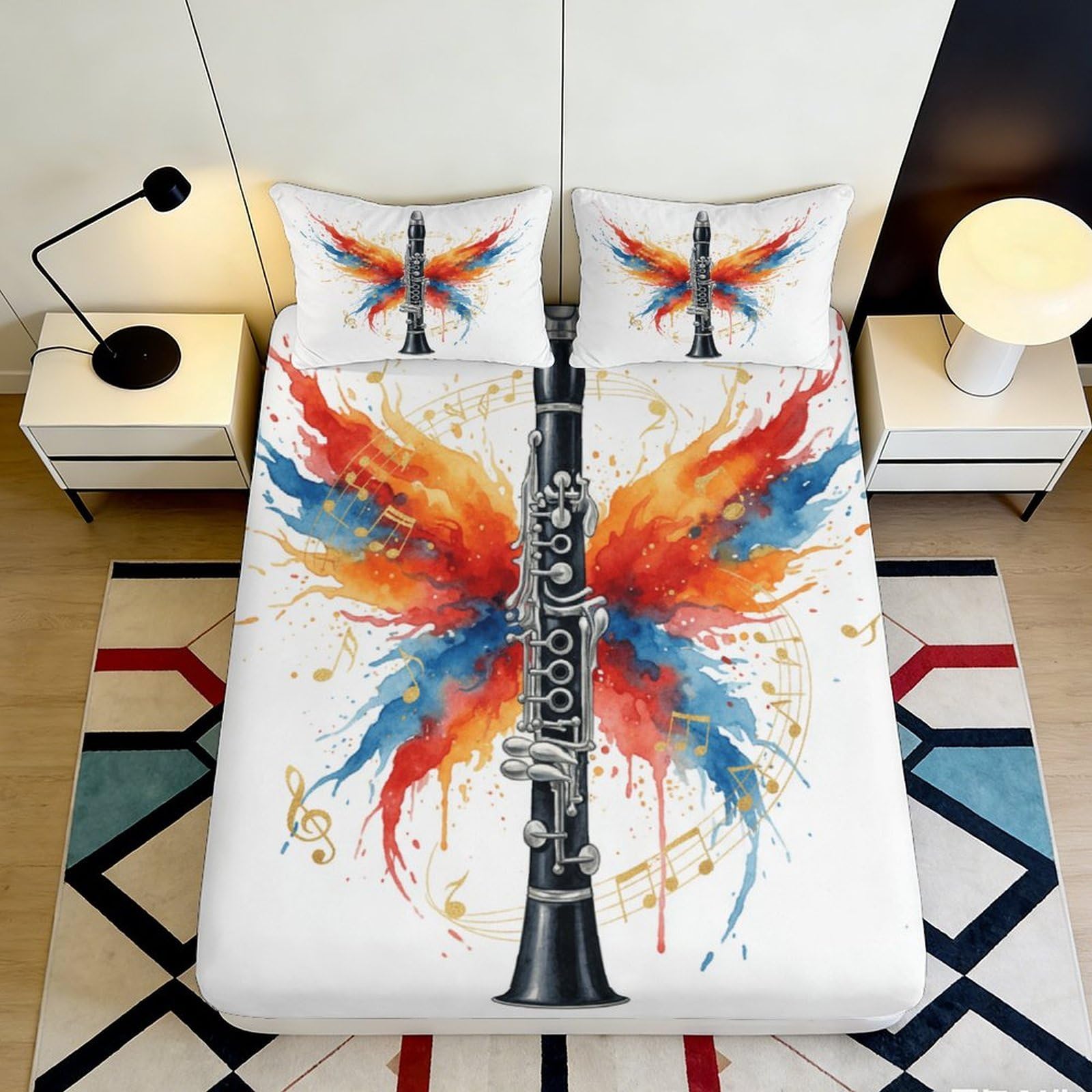3D Printed Colourful Instrument Butterfly Fitted Sheet Microfiber Deep Pocket Non-Slip Bedroom Set Artistic Mattress Fitted Cover Washable 200x200x25cm 90x200x25cm