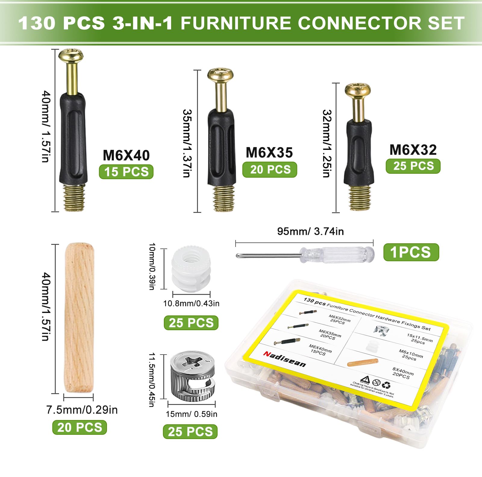 Gedotec Meubelverbinders, minifix, excentrische kastconnector, 15 mm, afdekkappen, bruin en wit