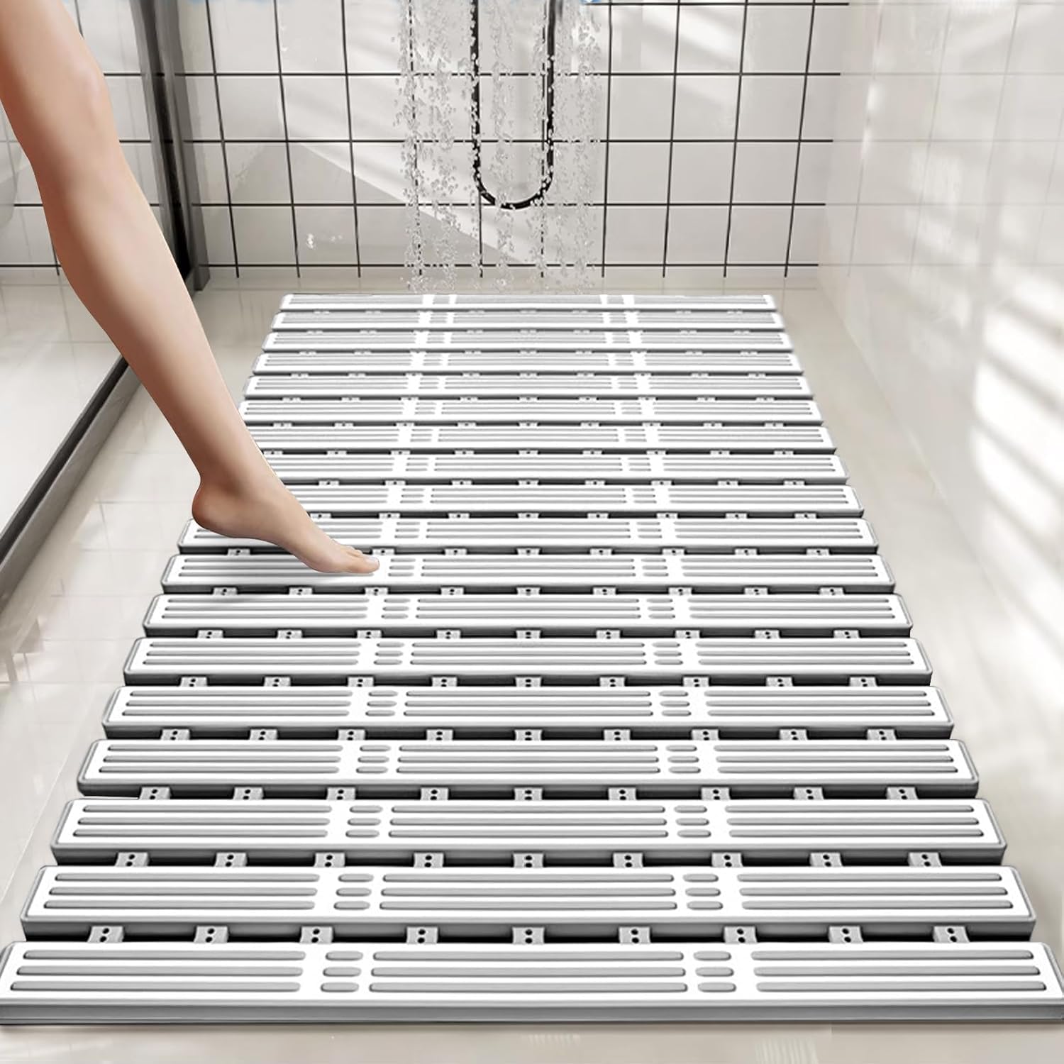 Non Slip Shower Mat 90x40cm, Anti Slip Bath Mat with Suction Cups, Cuttable Bathroom Shower Mat PP+TPE, Fast Drying, Anti Bacterial & Mold Resistant Bath Safety Mat for Shower & Bathtub