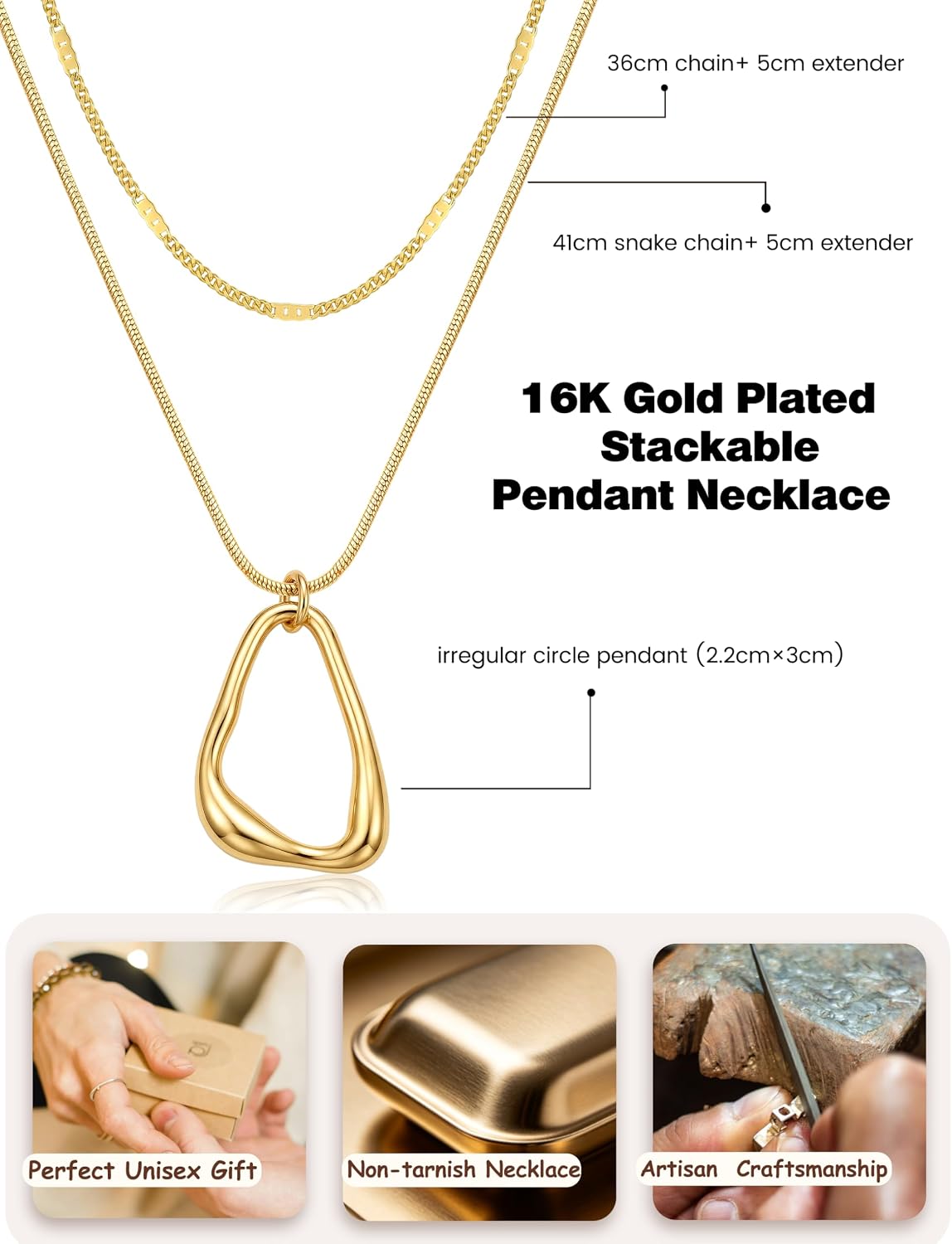 UBGICIG 16K Gold Plated Layered Gold Necklaces for Women, Dainty Double Layer Circle Oval Stackable Pendant Necklace, Minimalist Trendy Boho Statement Chain Necklaces Everyday Jewelry Gift for Her