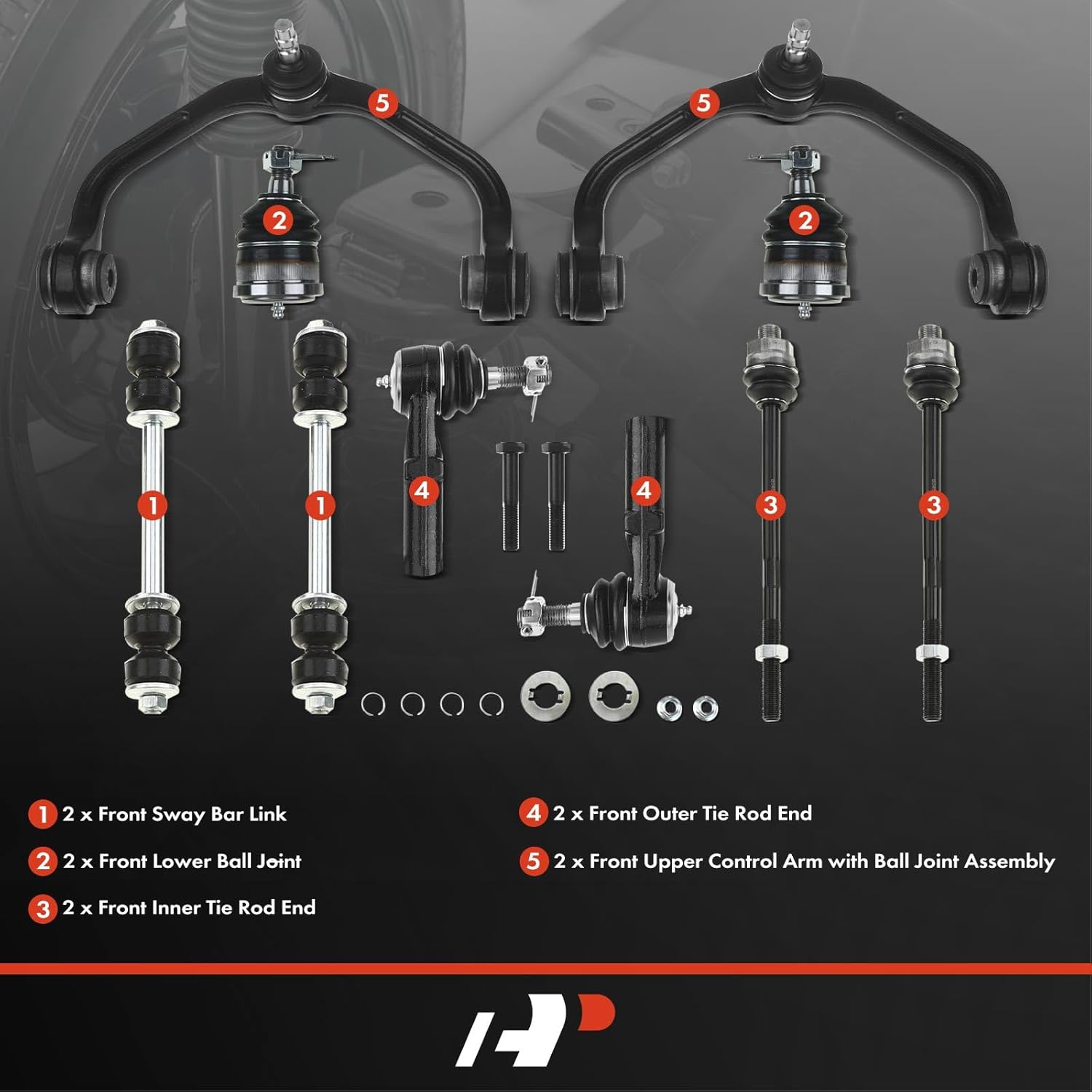 A-Premium Set of 10, Front Upper Control Arm, Sway Bar Link, Lower Ball Joint, Inner Outer Tie Rod End, Compatible with Ford Ranger 98-04, Mazda B2300 01-03, B2500 98-01, B3000 & B4000 98-04