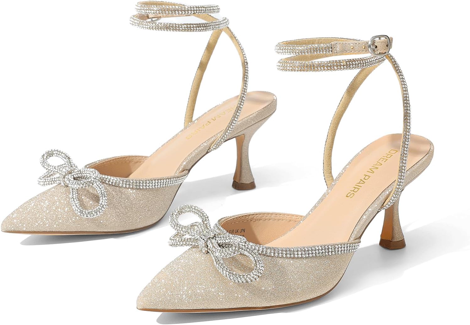 DREAM PAIRS Kitten Heels Rhinestone Bow Ankle Strap Stiletto Pointed Closed Toe Heels for Women Pumps Wedding Bridal Party Dress Shoes