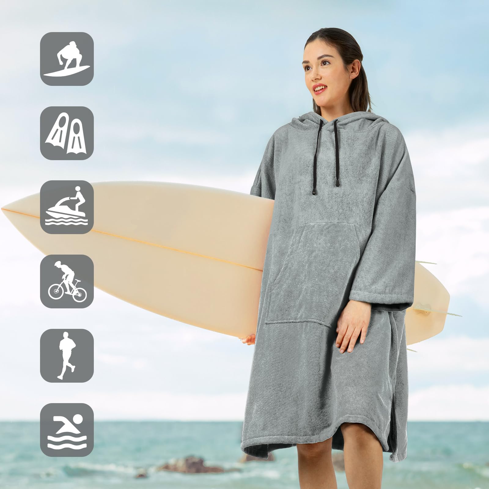Szlafrok ponczo surfingowe, rękaw 3/4, bardzo duży gruby ręcznik z kapturem, ponczo dla mężczyzn i kobiet, pływanie na plaży, 99 cm x 84 cm, szare