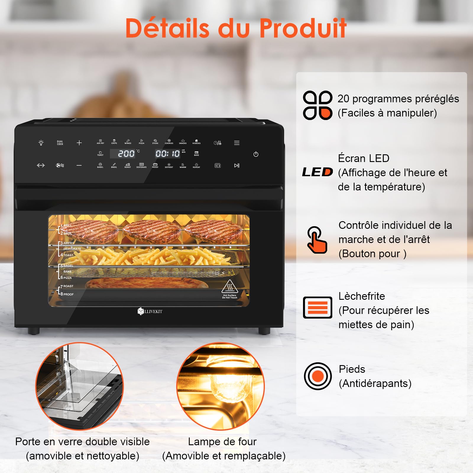 LLIVEKIT 30L Friteuse sans Huile avec Tournante Rôtissoire, 9 Accessoires | Air Fryer XXL 20 Programmes, Friteuse sans Huile avec Écran Tactile LED, Mini Four avce Livre de Recettes, 80°C-230°C